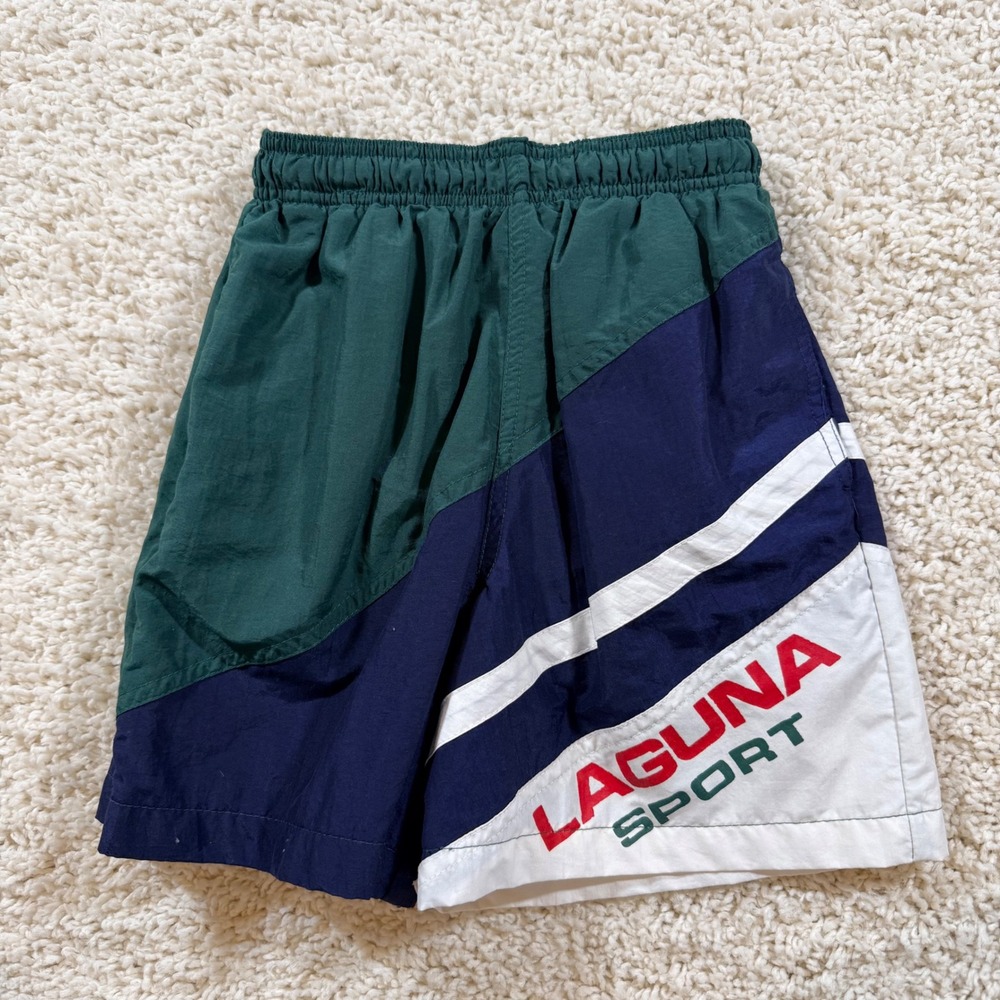 Vintage Laguna Sport Kids Green Navy Colorblock Swim Trunks 8 Surf Swim Summer